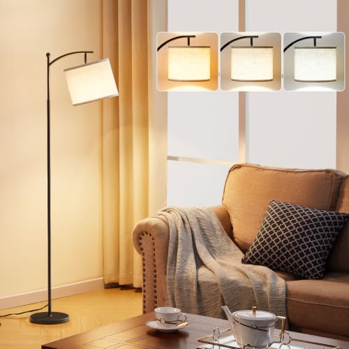 Ambimall 60-Inch Modern Floor Lamp with Beige Shade & Adjustable 3-Color LED Bulb - Black & Beige