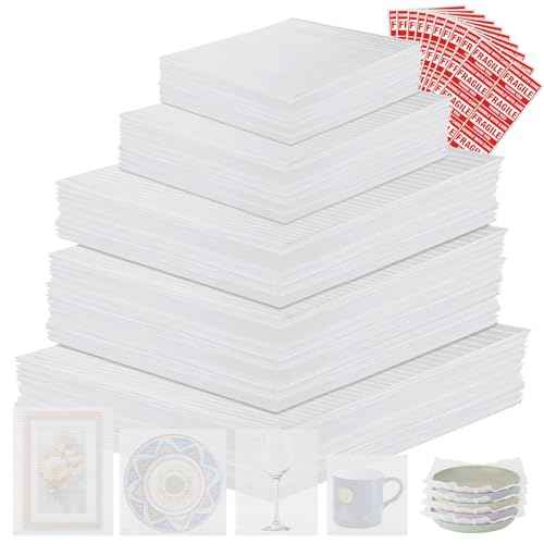 400PCS Moving Packaging Supplies,300 Cushioning Foam Pouches and Sheets,4 Sizes(16"x12",12"x12",12"x7.8",7.8"x7.8") with 100 Fragile Stickers,Packaging Foam Pouches for Protect Dishes Glasses Storage