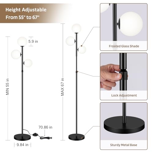 67" Mid Century Floor Lamps for Living Room, 3 Globe Floor Lamp with Frosted Glass Shades, Adjustable Height Standing Lamp with Foot Switch, Tall Lamps for Bedroom Office, G9 Bulbs Included, Black