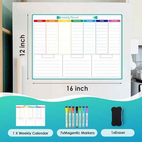 MaxGear Weekly Dry Erase Board for Fridge, Magnetic Calendar Whiteboard Planner for Refrigerator with Stain Resistant Technology, Include 7 Fine Point Markers and 1 Eraser, 16"x12"