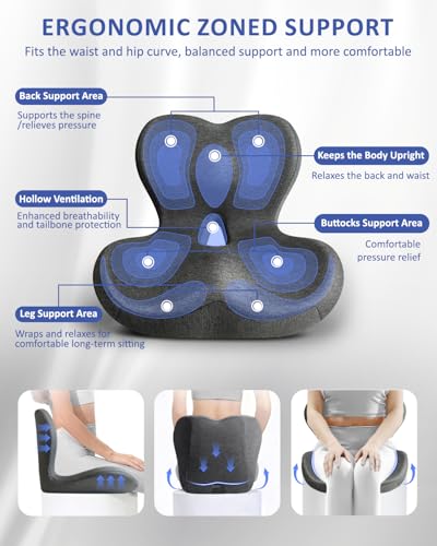 JIPORIER X Large Seat Cushion with Back Support – Dark Gray Memory Foam Lumbar Pillow for Office Chair & Car