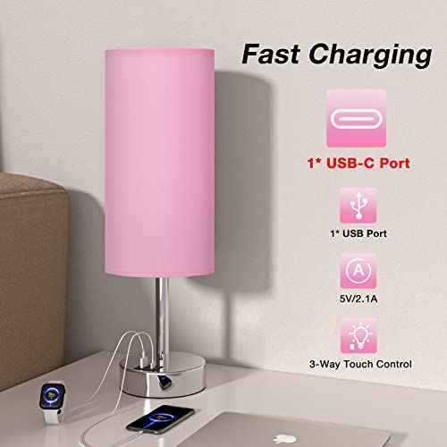 Dicoool Pink Touch Nightstand Lamps for Girl - Small Desk Bedside Lamp with USB-C and USB Charging Ports, 3 Way Dimmable Control Table Lamp for Living Room Office, Dorm, Reading