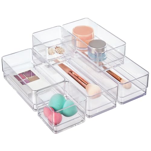 STORi Multi-Size Drawer Organizer Bins - 6 Pack, Clear Storage for Bathroom, Makeup & Desk