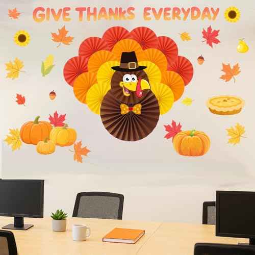 Aovaely 65 PCS Thanksgiving Bulletin Board Decorations, 3D Turkey Paper Fans Give Thanks EveryDay Paper Cutouts Pumpkins Maple Leaves November Thanksgiving Party Decorations for School Home Office