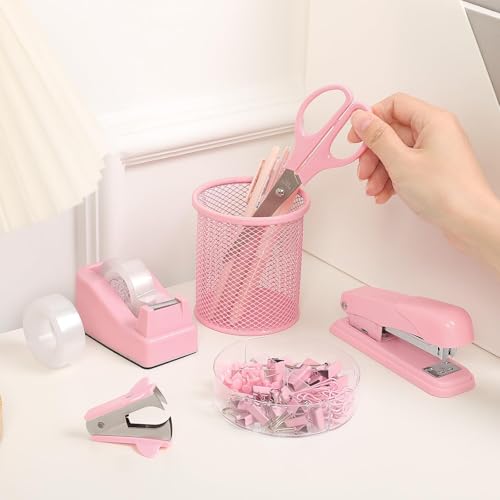 Pink Office Desk Accessories Set with Stapler and Tape Dispenser – SKYDUE
