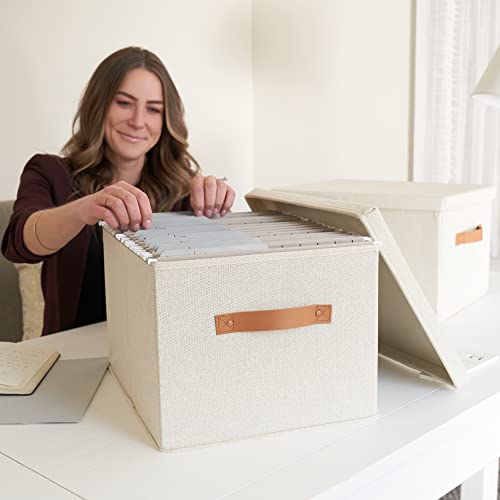 Ivory Linen File Organizer Box Set of 2 - Collapsible Desk & Office Storage