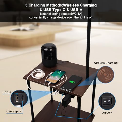 Floor Lamp with Table Industrial Rustic End Table,Industrial Floor Lamp with USB Wireless Charging Port£¦Charging Outlet,Bedside Nightstand Shelves Standing Light Tall Pole lamp with Drawer