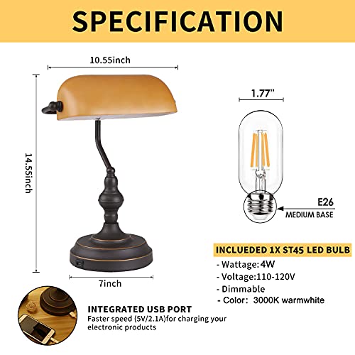 Banker Desk Lamp Touch Control, Vintage Banker's Desk Lamp with USB Port, 3 Way Dimmable Desk Lamps, Farmhouse Library Lamp Oil Rubbed Bronze for Office, Study Room