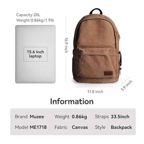 Muzze Canvas Backpack for Women and Men, Lightweight Classic Laptop Backpack with USB Charging Port for School, Travel and Daily Use, Khaki