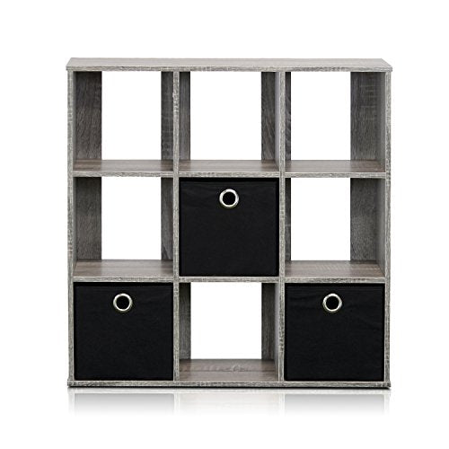 Furinno 9-Cube Storage Organizer with Bins in French Oak Grey, Space-Saving Bookcase