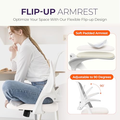 Neo Chair Ivory Mesh Office Desk Chair with Flip-Up Armrests, Ergonomic Support