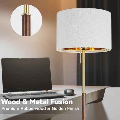 Wood Floor Lamp for Living Room Gold Traditional Farmhouse Floor Lamps Mid-Century Pole Lamp with Linen Lamp Shade, Standing Tall Floor Lamps for Bedrooms and Office (Gold)