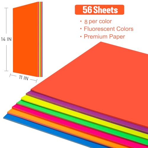 Poster Board 22x28 Inches,56 Sheets Neon Paper 7 Color Fluorescent Paper Bright Cardstock 250 GSM/90 lb Heavyweight Projects School Science Fair Event Displays and Business Presentations