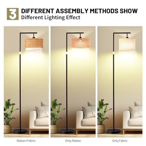 Boho Rattan Floor Lamp, Adjustable Height Bohemian Floor Lamps, Dimmable Standing Lamp with Remote Control, Rustic Lighting for Living Room, Bedroom, or Office (Brown, Oval)