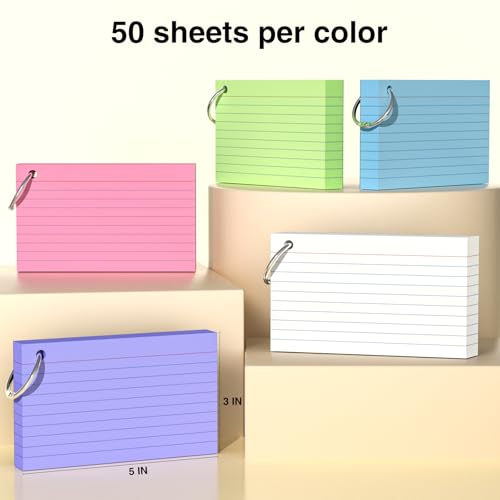 AILZFEI 250 Count Multicolor 3x5 Inch Index Cards with Key Ring, 180gsm Heavy Weight Flash Cards for Study & Office - 5 Colors