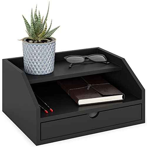 Ballucci Desk Organizer with Drawer, 2 Tier Paper Office Supplies Desk Organizer, 13 2/5" x 9 3/5" x 6", Black