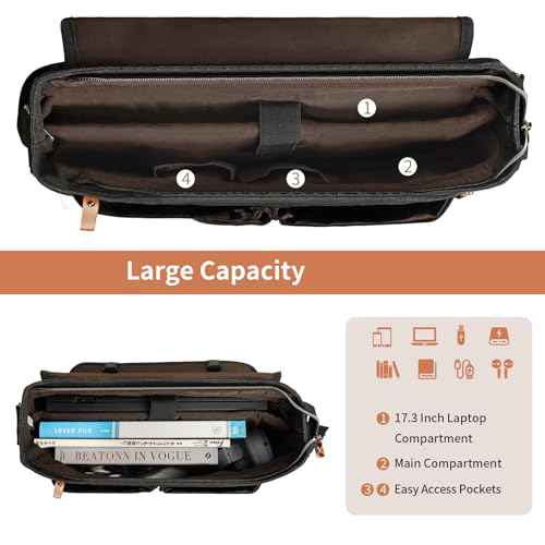 ESTARER Messenger Bag 17.3 Inch, Mens Computer Bag Water-resistant Canvas, Laptop Bag Satchel Briefcase for Teacher/College/Work/Travel, Dark Grey