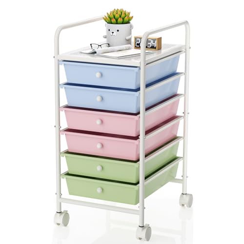 Metal 6 Tier Rolling Cart with 6 Drawers,1 Table Top & 4 Wheels, Utility Grocery Craft Cart on Wheels for Classroom, Office, Bathroom, Kitchen, Bar, Home Storage and Organization, Dorm Room Essentials
