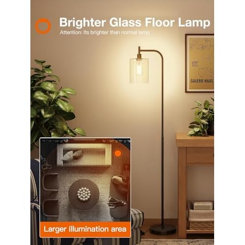 addlon Floor Lamps for Living Room Bright Lighting with Glass lampshade, Modern Bright Floor Lamp with LED Bulbs Industrial Standing lamp for beroom, Tall Pole Lamps Office - Black