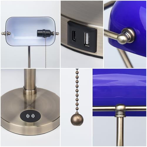 FIRVRE Bankers Lamp with2 USB and Wireless Charging Port£¬Pull Chain Switch Blue Glass Desk Lamp£¬ E26 Base,Traditional Library Desk Lamps for Home Office,Bedroom,Piano