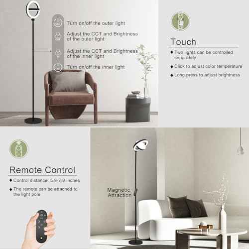 36W Bright LED Floor Lamp for Living Room with Remote, 75.5 Inch Tall Stepless Dimmable Standing Lamp for Office, Torchiere Floor Lamp with 2 Rotatable Lights 1900K-6500K for Bedroom