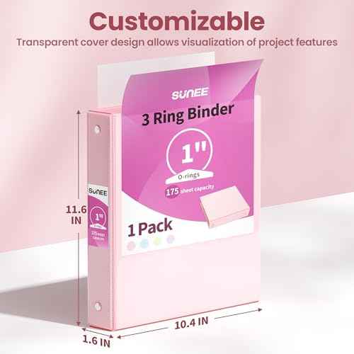 SUNEE 3 Ring Binder 1 Inch 1 Pack, Clear View Binder Three Ring PVC-Free (Fit 8.5x11 Inches) for School or Office Supplies, Pink