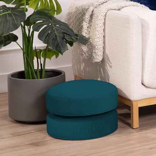 Factory Direct Partners FDP Overstuffed 16 inch Round Velvety and Vinyl Floor Cushions with Handles; Flexible Seating for Home, Lounge, Yoga Studio, Deluxe Foam (2-Piece) - Peacock