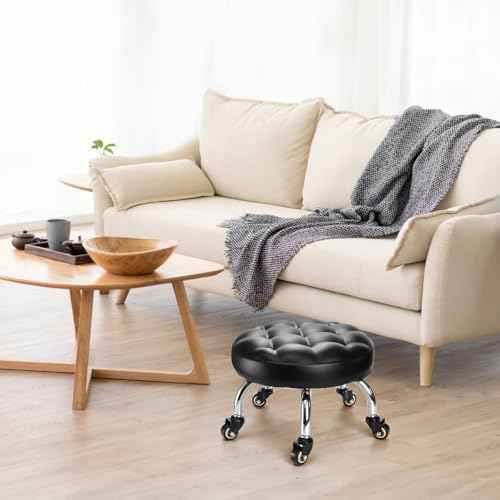 Round Low Rolling Stool, PU Leather Roller Stool Seat, 360¡Æ Swivel Low Stool with Caster Wheels, 9" Low Height Rolling Chair for Garage, Home, Office, Shop