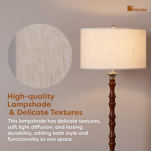 LED Floor Lamp, Mid Century Lamp with Drum Shade, Great Living Room D?cor, Rustic Retro Tall Lamp, Modern Standing Lamp for Bedroom and Office, Adjustable Lighting, Walnut Wood Finish