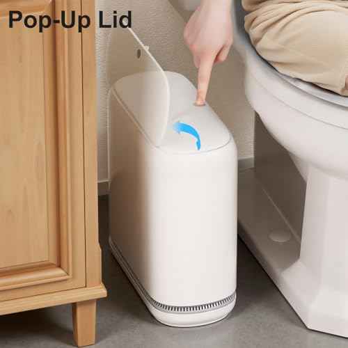 Slim Bathroom Trash Can with Lid - Pop Up & Air-Press Bag Expander - 3 Gallon Small Garbage Can for Bedroom, Dorm, Office(Bin: White | Includes 5 Rolls (75 Bags))