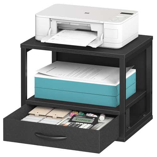 HOOBRO 2-Tier Desktop Printer Stand with Drawer, Under-Desk Printer Table with Storage Shelf, for Home Office, Kitchen, Fax Machine, Scanner, Black BB07PS01