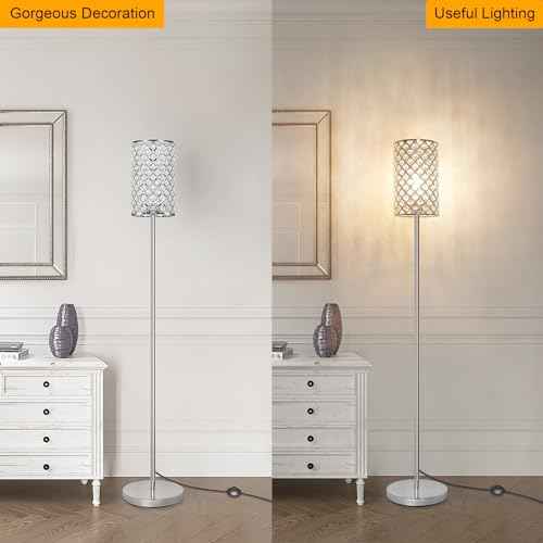 Crystal Floor Lamp, Modern Standing Lamp with Elegant Shade, LED Floor Lamp with On/Off Foot Switch Silver Finish Tall Pole Lamp Accent Lights for Living Room, Girl Bedroom, Dresser, Office (E26 Base)