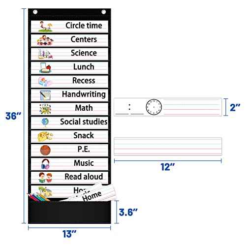 Daily Schedule Pocket Chart, 13+1 Pocket Visual Schedule Chart, 18 Double-Sided Blank Reusable Dry-Eraser Cards, Educational Schedule Charts for Classroom Homeschooling Toddlers-Black