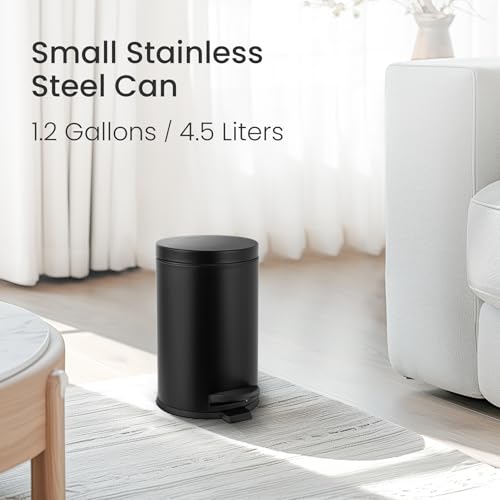 Cesun Matte Black Small Bathroom Trash Can with Lid, 1.2 Gallon Soft Close