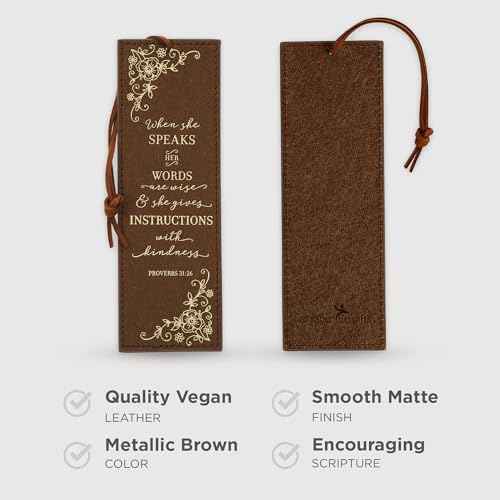 Christian Art Gifts Premium Vegan Faux Leather Scripture Bookmark for Women: When She Speaks - Proverbs 31:26 Inspirational Bible Verse, Heat-Debossed, Faith-Based Reading Accessory with Cord, Brown