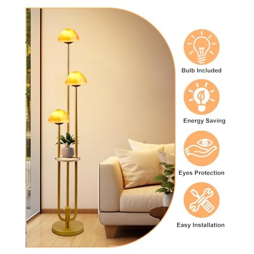 Lightdot Gold Dimmable Floor Lamp with Table, Modern Floor Lamps for Living Room, 3000K Warm Lights Tall Standing Lamp with Mushroom Shades & Bulbs for Bedroom/Office