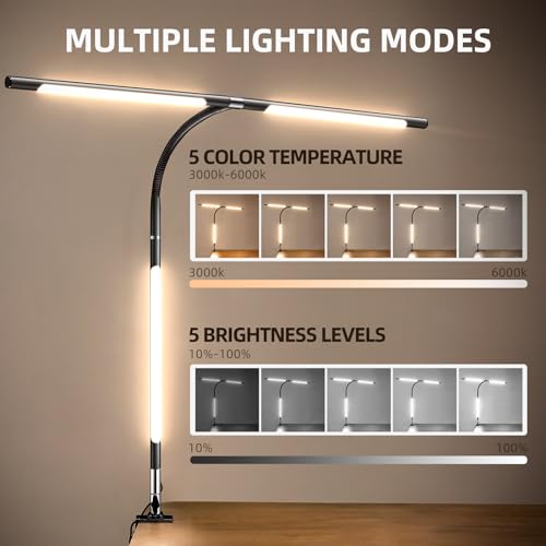 LED Desk Lamps for Home Office, 360¡Æ Rotatable Double Head Desk Light with Clamp, 25 Lighting Modes Gooseneck Monitor Smart Light, 24W Architect Table Lamp for Workbench Drafting Study