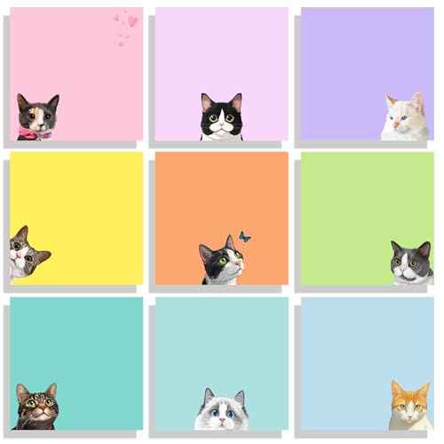 9 Pads Cute Sticky Notes Set, 3" x 3" Black Cat Self Stick Notepads, Funny Sticky Notes Set, Cat Stationery, Kawaii Adhesive Memo Pads, Cat Lover Gifts, Office Decor Desk Accessories, School Supplies