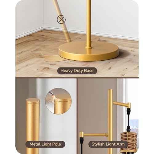 EDISHINE Dimmable Farmhouse Floor Lamp for Living Room, Industrial Standing Lamp with 3 LED Edison Bulbs, Corner Rustic Rattan Tall Tree Reading Lamps Home Decor for Bedroom, Office, Gold