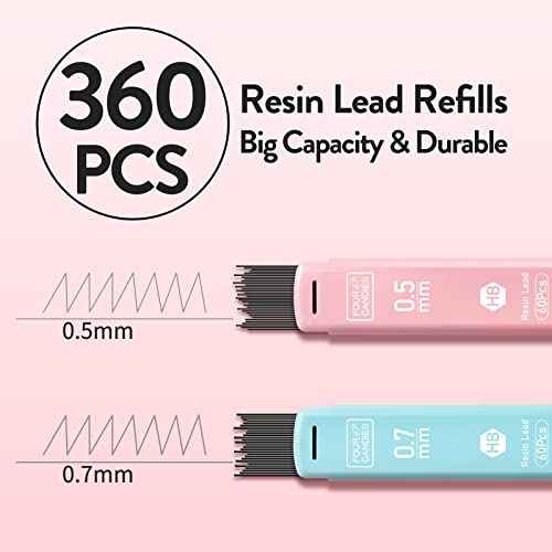 Four Candies Cute Mechanical Pencil Set, 6PCS Pastel Mechanical Pencils 0.5 & 0.7mm with 360PCS HB Leads, 3PCS Erasers and 9PCS Eraser Refills, Aesthetic School Supplies for Girls Writing