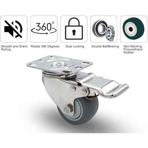 Stainless Steel 2 Inch Caster Wheels with Brake ? Heavy Duty 304 Casters Set of 4, Non-Marking TPR Quiet Wheels Use for Furniture, Labs, Kitchens, Industrial, Restaurants, Hospitals
