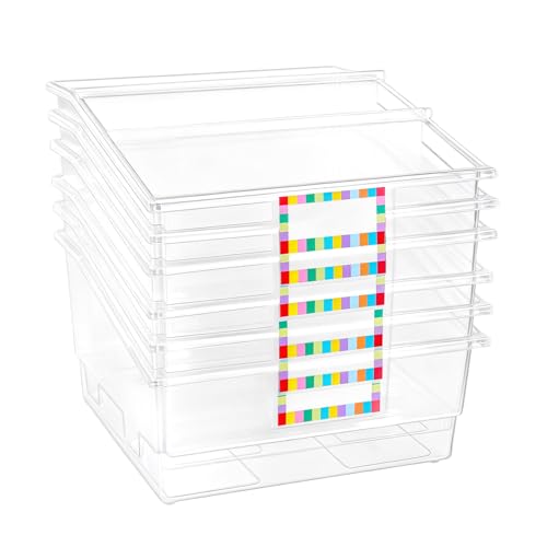 Gisgfim Clear 6 Pack Classroom Book Bins with Dividers & Labels - Large Plastic Organizer for Library & Storage