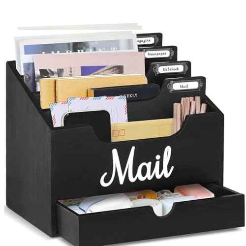 Wood Desktop Mail Organizer, Mail Organizer Countertop with 4 Compartments and Drawer, Wood Mail Holder Sorter Organizer Holder for File Letter Paper Folder, Black Wooden Desk Organizer
