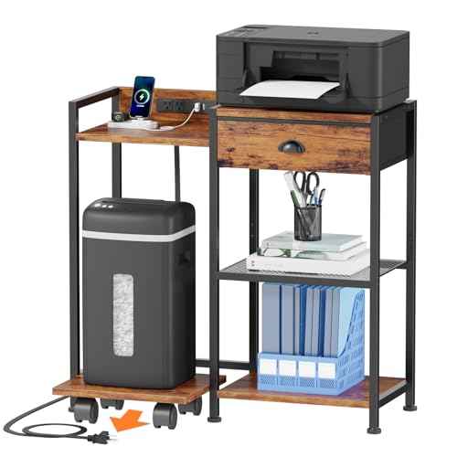 Furologee Printer Stand with Storage Drawer,Printer Table with Charging Station and USB Port,Industrial 3 Tier Shelf, Shredder Stand with Wheels,for Home Office,Rustic Brown