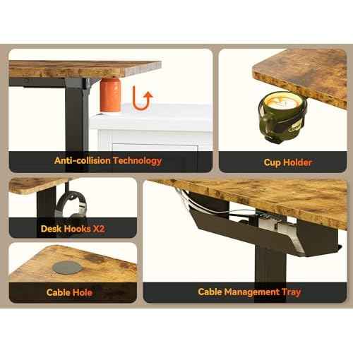 63X55 Inches Reversible L Shaped Standing Desk Height Adjustable with Cup Holder, Electric Corner Computer Desk, Sit Stand up Home Office Desk, Ergonomic Gaming Desk, Rustic Brown