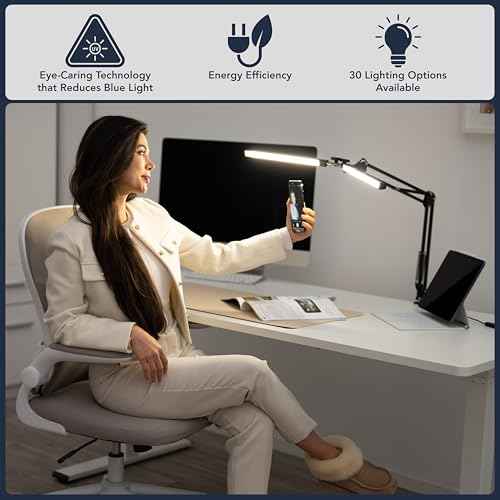 Double Head LED Desk Lamp, Ultra-Wide Coverage for 72" Workspaces, Eye-Caring, 360¡Æ Adjustable, Stepless Dimming, Remote Control, 10 Brightness Modes, 3 Color Temperatures, Energy Efficient