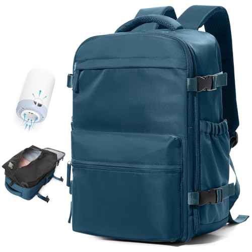 Vacuum Travel Backpack with Pump for Women, Personal Item Carry on Vacpack Backpacks Flight Approved 16.53x11.42x5.9 inches for Men,Laptop Waterproof Work Compression bags Casual Daypack,Peacock Blue