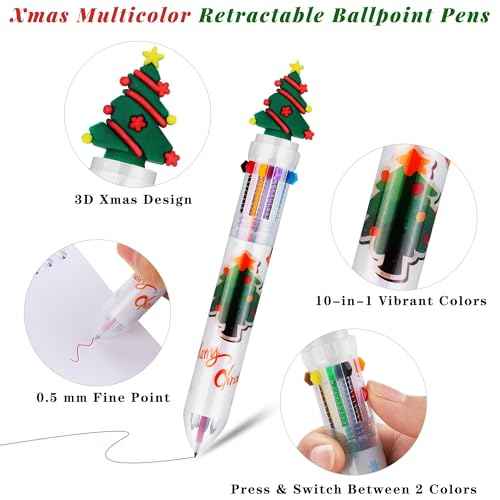 Aodaer 90 Pieces 10 in 1 Christmas Ballpoint Pen Stamps Mini Spiral Notebooks Kit, Multicolor Retractable Ballpoint Pens Xmas Stampers Notepads for Christmas Student Teacher Gifts Party Favors
