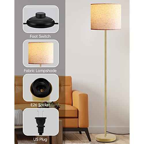 Floor Lamp Gold, Small Standing Lamp, 58" Tall Lamps with Beige Lampshade, Simple Pole Lamp for Bedroom, On/Off Footswitch, Gold Lamps for Living Room/Office/Boho,Christmas Gift for Kids(No Bulb)