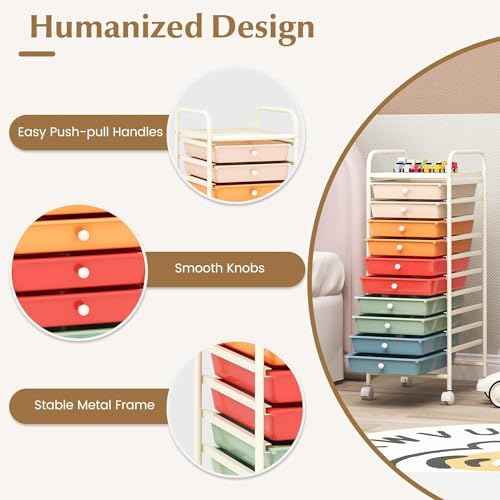 10-Drawer Rolling Storage Cart, Multi-Color, Alloy Steel Frame, Plastic Drawers, Lockable Casters